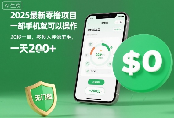 2025最新零撸项目,一部手机就可以操作,20秒一单,零投入纯薅羊毛,无门槛,一天200+