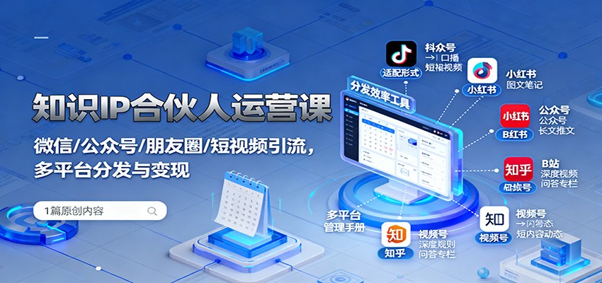 知识IP合伙人运营课:微信/公众号/朋友圈/短视频引流,多平台分发与变现