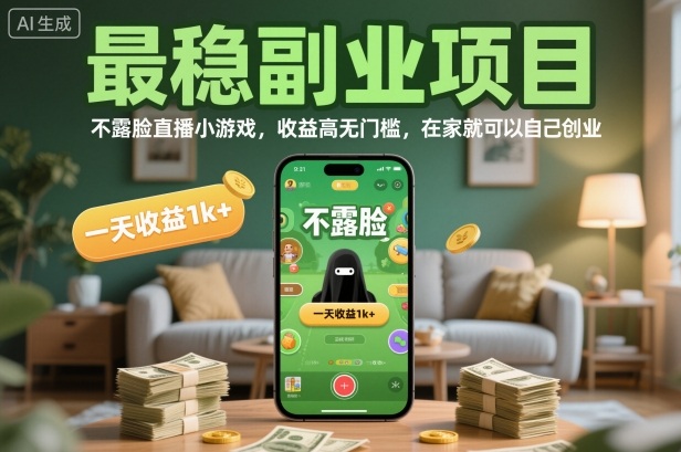 最稳副业项目，不露脸直播小游戏，收益高无门槛，一天收益1k+，在家就可以自己创业