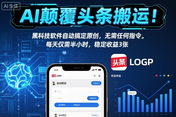 AI颠覆头条搬运！黑科技软件自动搞定原创，无需任何指令。每天仅需半小时，稳定收益3张