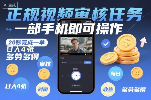 正规视频审核任务,一部手机即可操作,20秒完成一单,日入4张,多劳多得