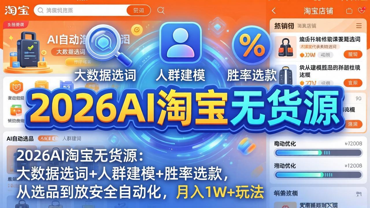 （17955期）2026AI淘宝无货源-4月更新：大数据选词+人群建模+胜率选款，从选品到放大全自动化，月入1W+玩法
