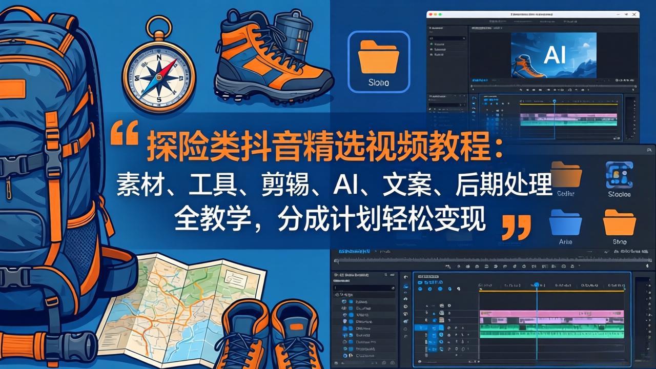 (17994期)探险类抖音精选视频教程:素材、工具、剪辑、AI、文案、后期处理全教学,分成计划轻松变现