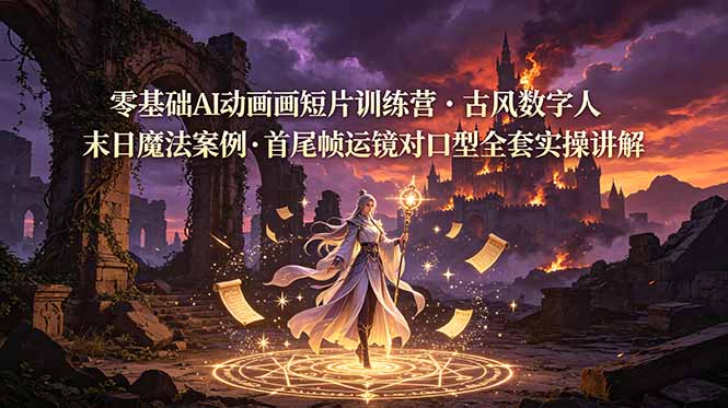 (19078期)零基础AI动画短片训练营,古风数字人末日魔法案例,首尾帧运镜对口型全套实操讲解