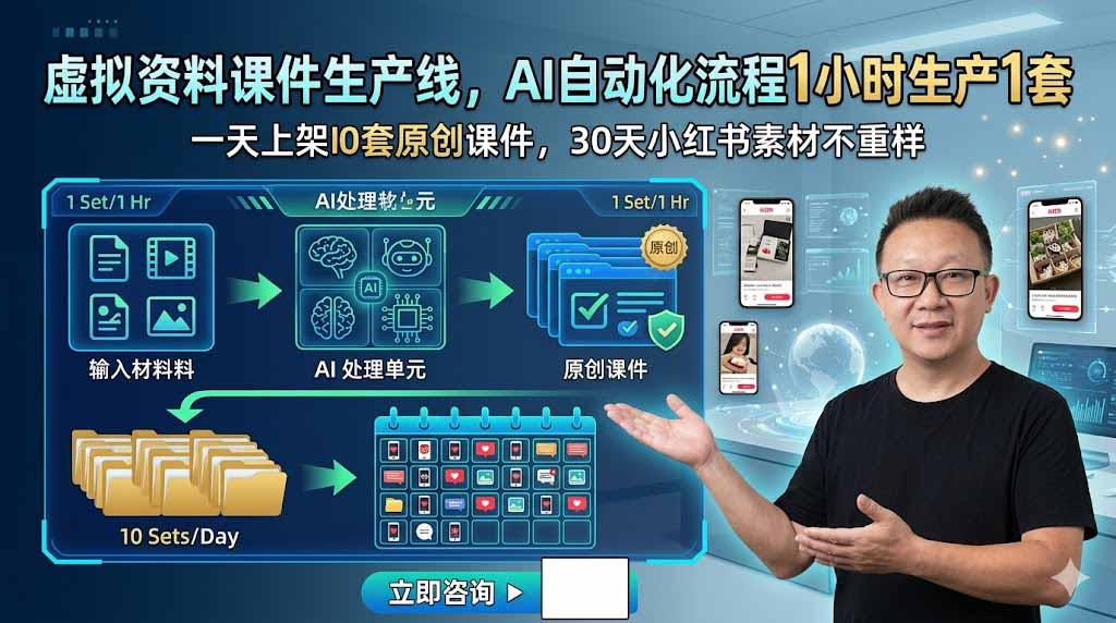 (19091期)虚拟资料课件生产线,AI自动化流程1小时生产1套,一天上架10套原创课件,30天小红书素材不重样