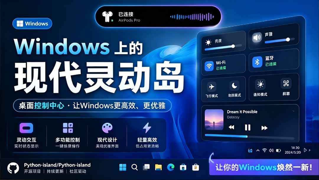 (19104期)Windows也能拥有桌面灵动岛!现代化的系统控制中心,让你的电脑多个黑刘海,PyIsland